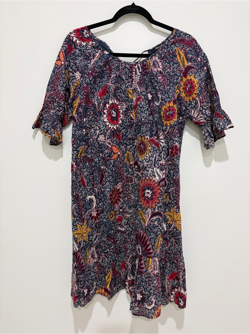 Madewell Navy Floral Midi Dress with Red and Yellow Accents